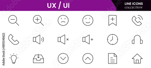 UX UI icons depicting user experience design, interfaces, wireframes, usability, prototyping, interaction, layouts, testing, accessibility.
