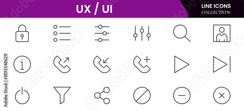 UX UI icons depicting user experience design, interfaces, wireframes, usability, prototyping, interaction, layouts, testing, accessibility.
