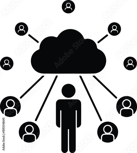 Silhouette illustration of a central person connected to a cloud and others