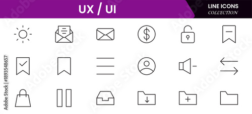 UX UI icons depicting user experience design, interfaces, wireframes, usability, prototyping, interaction, layouts, testing, accessibility.
