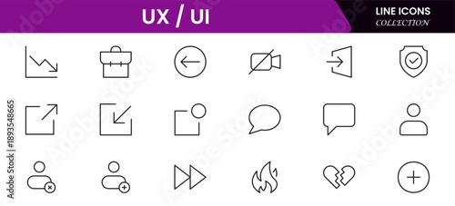 UX UI icons depicting user experience design, interfaces, wireframes, usability, prototyping, interaction, layouts, testing, accessibility.
