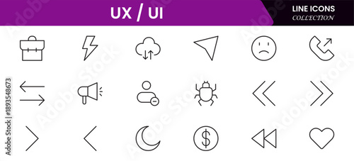 UX UI icons depicting user experience design, interfaces, wireframes, usability, prototyping, interaction, layouts, testing, accessibility.
