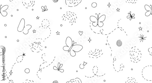 Hand drawn butterfly doodle pattern with hearts, stars, swirls, dashed lines, and whimsical flying insects in seamless vector style