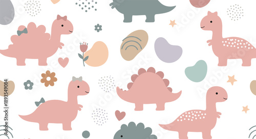 Cute pastel dinosaur seamless pattern vector with baby dinos, hearts, abstract shapes, flowers, and soft modern nursery background design