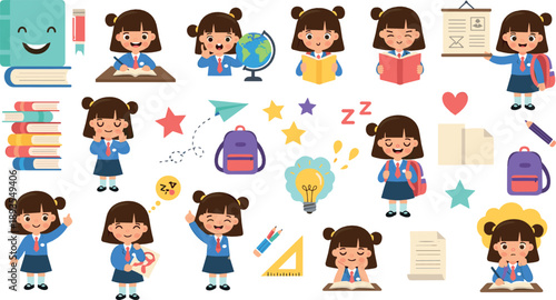 Cute schoolgirl character vector set with studying poses, books, backpack, learning icons, classroom items, and back to school cartoon illustrations