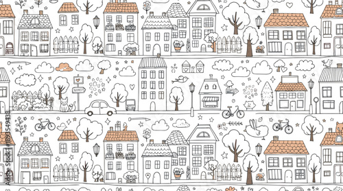 Hand drawn city neighborhood seamless pattern vector with houses, trees, cars, bikes, birds, and cozy urban street line art