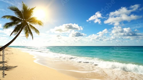 Palm tree bends over sandy beach with bright sun and blue ocean waves