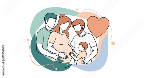 Vector illustration of a family with a newborn baby receiving hospital services from a doctor and nurse in America.