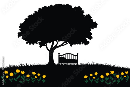 Bed Under Tree Silhouette, peaceful rest concept