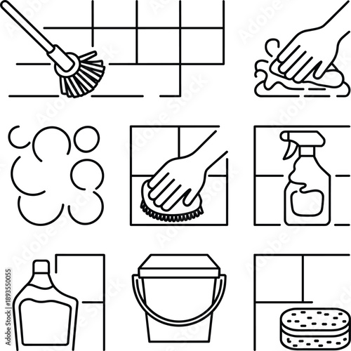 Set of minimalist cleaning and housekeeping line icons featuring spray bottle bucket brush and surface wiping isolated on grey background