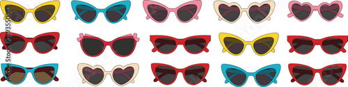 Large collection of colorful cat eye sunglasses and heart shaped eyewear vectors featuring leopard print red blue yellow frames for retro summer fashion and feminine beauty accessory design.