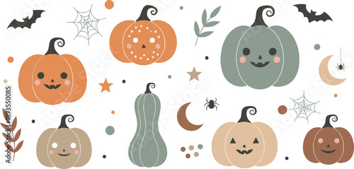 Cute pastel Halloween pumpkin pattern with smiling jack o lanterns, bats, spider webs, moon, and soft spooky autumn elements