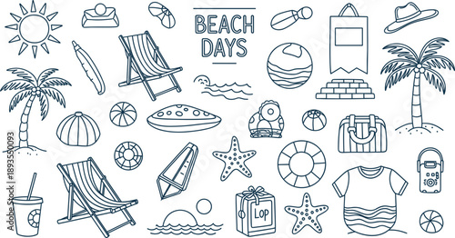 Beach Day Icons and Elements in Outline Style on White Background Keywords: beach, summer, vacation, holiday, sun, palm tree