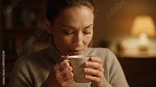 Woman holding mug warms hands with beverage