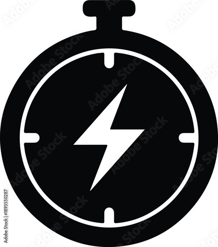 Silhouette stopwatch with lightning bolt icon depicting speed and power illustration vector