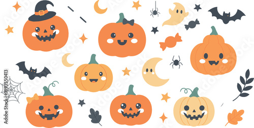 Cute Halloween pumpkin character set with smiling jack o lanterns, bats, spiders, moon, stars, and festive spooky cartoon vector elements