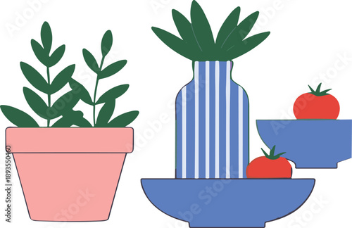 Minimal home decor vector illustration with potted plants, striped vase and fresh tomatoes for modern interior design