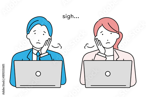 パソコンを見てため息をつく若いビジネスマンとビジネスウーマン