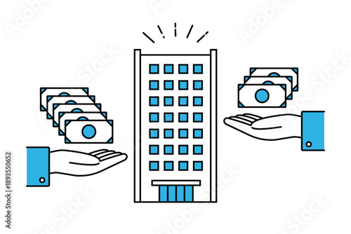 不動産や企業に投資をする人物の手のイラスト