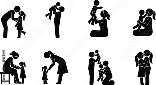 Black Family Silhouette Vector Set Featuring Parents Playing With Children Mothers Hugging Daughters And Fathers Lifting Toddlers Isolated On White Background For Love And Parenting Design (25 words)