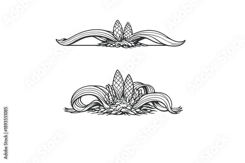 Design showing two decorative elements with floral shapes and intricate lines found in art creation