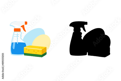 Cleaning supplies on a table with a blue spray bottle, sponge, and yellow cleaning pad next to an outline of similar items in a simple setting
