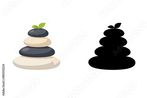 Rock stacking with green leaves on top of smooth stones with a shadow version next to it showing a similar shape without color