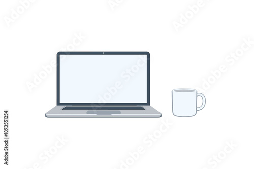 A laptop sits open on a desk next to a white coffee mug during a work session in a home office setting at midday