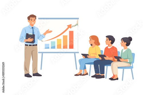 Business meeting takes place in a room with one person presenting a chart while others listen and take notes on tablets during a working session