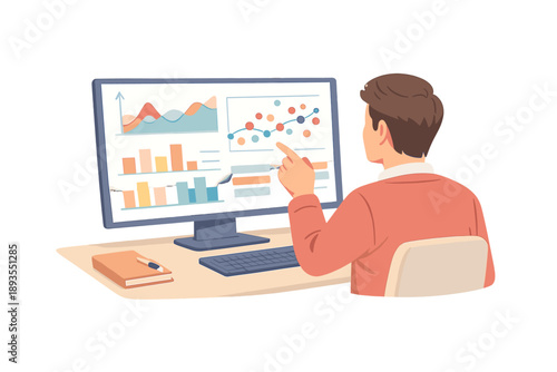 Person works on computer screen analyzing data and graphs in an office setting during daylight hours