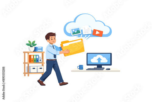 Person carries folder to computer for cloud storage and file management in a home office setting during daytime