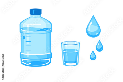 Water bottle and glass with water drops showing hydration in a simple setting during daytime