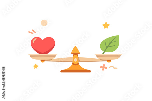 Balancing emotions and nature with a scale showing a heart and a leaf on each side in a simple design