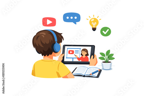 Learning at home with online lessons using a tablet in a bedroom setting during the day