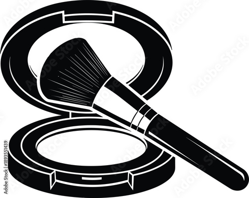 Open compact powder makeup with brush on white background Keywords: makeup, cosmetic, powder, compact, brush, beauty, fashion