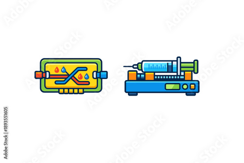 Symbols of medical technology showing a fluid control device and a syringe pump used in healthcare settings for fluid administration and medication delivery