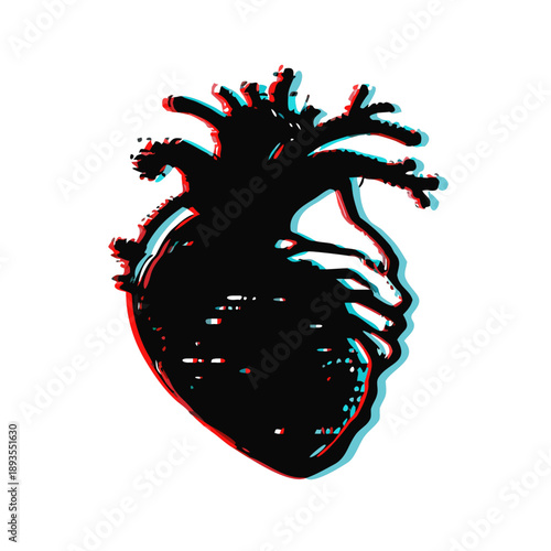 Black anatomical heart in glass silhouette with glitch effect isolated on white background surreal art
