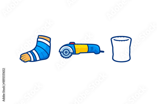 Foot injury treatment process with a wrapped foot, a cutting tool, and a roll of gauze at a clinic or hospital