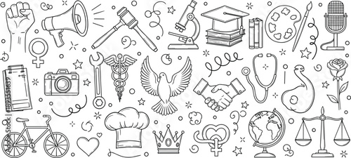 Set of black outline vector doodle icons representing various professions careers labor day human rights and social justice symbols isolated on white background