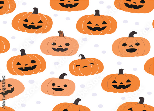 Seamless cute pumpkin pattern vector background with smiling Halloween jack o lantern faces for festive autumn design