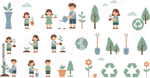 Cute kids planting trees and recycling illustration set with gardening, watering plants, eco activities, Earth icons, and environmental cartoon elements