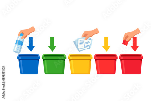 Sorting waste in recycling bins takes place at a public recycling area during daylight hours with hands shown placing items into bins of different colors