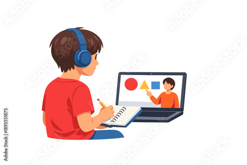 Child learning online by watching a lesson on a laptop while taking notes in a notebook with a pencil in a simple study space