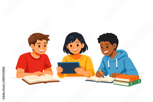 Three children study together and share ideas while using a tablet and books in a bright room during the day