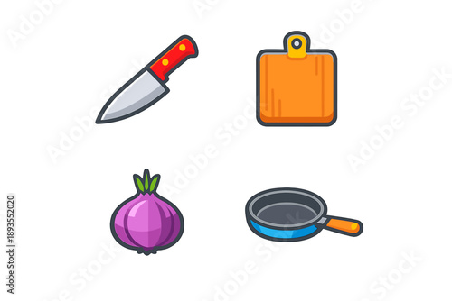 Kitchen tools for cooking with a knife, cutting board, onion, and pan arranged in a simple layout