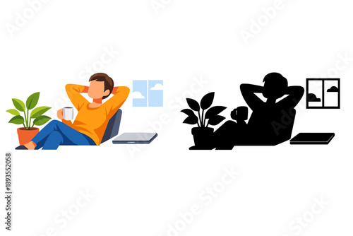 Person relaxes in a chair while holding a cup of coffee and enjoying plants in the room during daylight