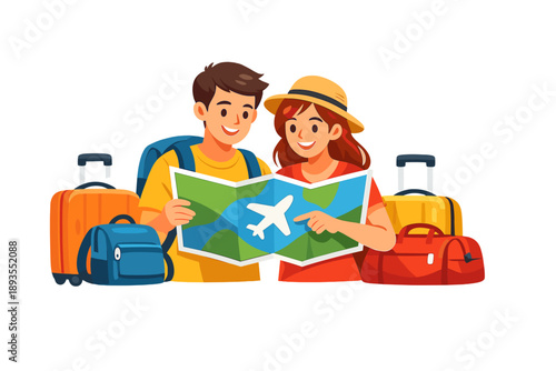 Couple studies travel map while preparing for adventure at an airport with luggage in the background during summer season