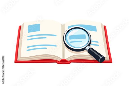 Open book with a magnifying glass showing text on its pages placed on a flat surface during daytime