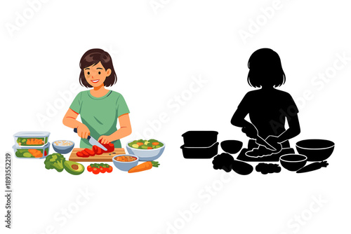 Person prepares a variety of vegetables and salads in a kitchen environment with different ingredients and utensils around the workspace
