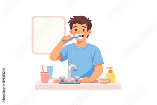 Young person brushes teeth in bathroom while standing at sink with toothpaste and toothbrush in hand during morning routine
